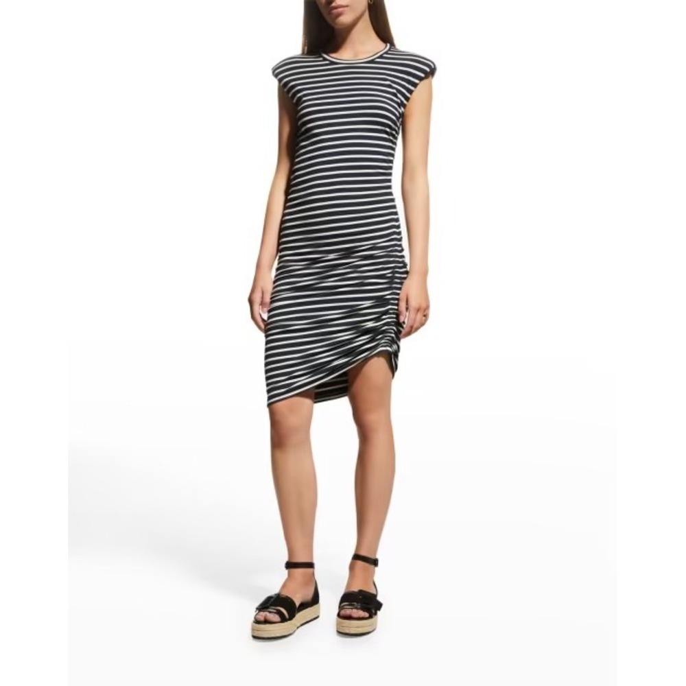 Veronica Beard Jeans Navy White Striped Ruched Padded Shoulder Midi Dress S